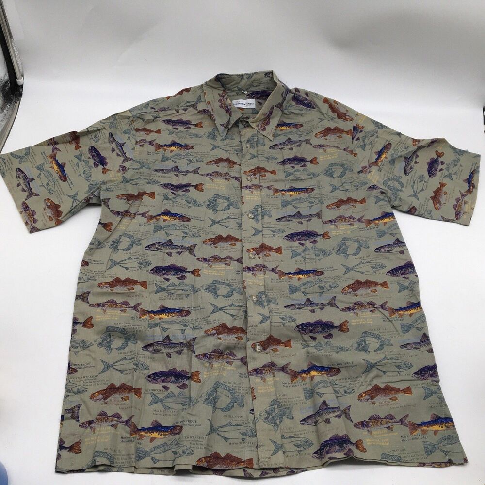1990s AFTCO Bluewater Hawaiian Fishing Shirt Multi Fish Pattern Size XL MADE USA